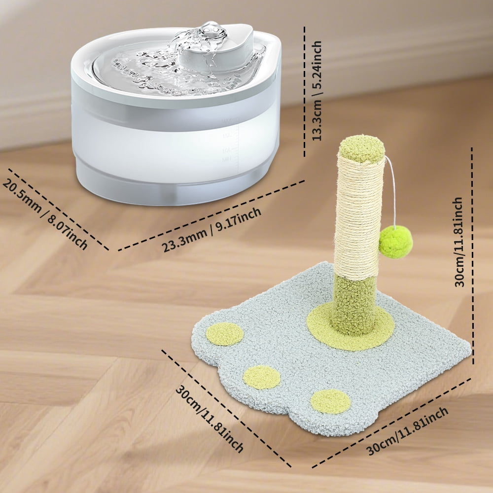 Circulating Cat Water Fountain + Scratching Tower, Ultra Quiet Drinking Dispenser with Ripple Basin, Designed to Increase Hydration for Cats & Small Animals (2500ML)