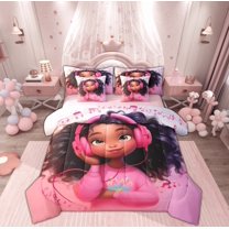 Feelyou Girly Pink Princess Bedding Comforter Set 7pcs, Kawaii Cartoon Black Girl Queen Bedding Sets, Music Lover Reversible Queen Sheet Sets, Microfiber Bedroom Decor
