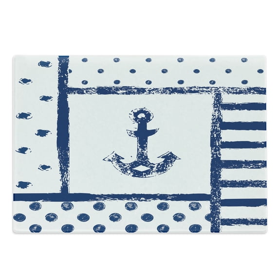 Anchor Cutting Board, Grunge Murky Boat Marine Silhouette Polka and Stripe Retro Navy Theme Art, Decorative Tempered Glass Cutting and Serving Board, Large Size, Dark Blue White, by Ambesonne