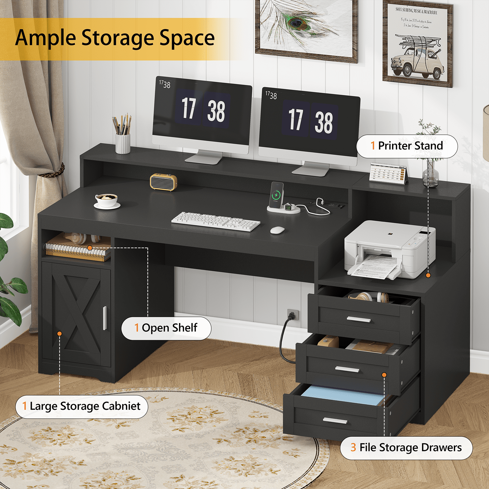 Farmhouse Computer Desk with Drawers, 65'' Home Office Desk with Power Outlets, Storage Cabinet and Printer Stand, Study Writing Desks with Long Monitor Stand, Black