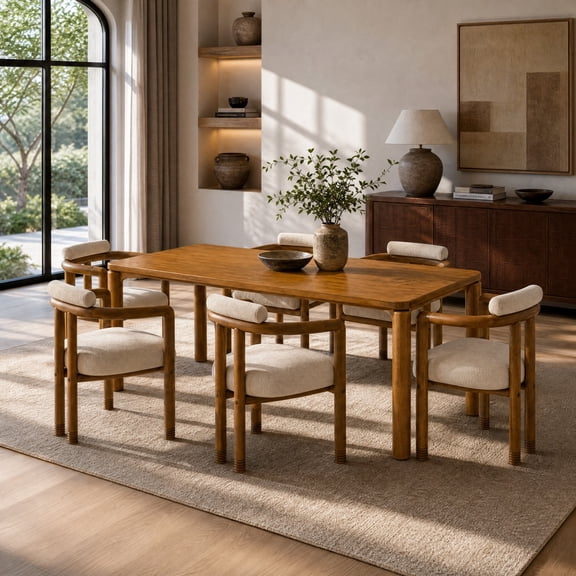 Christopher Knight Home 7-Piece Modern Dining Set with Wood Table and Upholstered Chairs, Walnut Beige