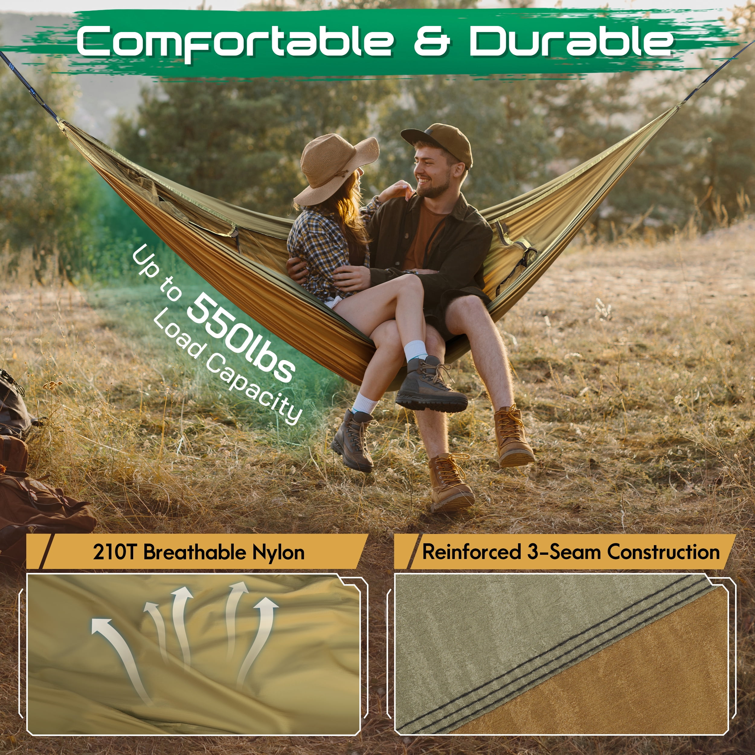ALILYY Camping Hammock, 4 in 1 Portable Hammock Tent, 2 Person Pop-up Hammock with Mosquito Net & Sunshade Cloth & Tree Straps, 550lbs Max Load Heavy Duty Tree Hammock for Outdoor Camping