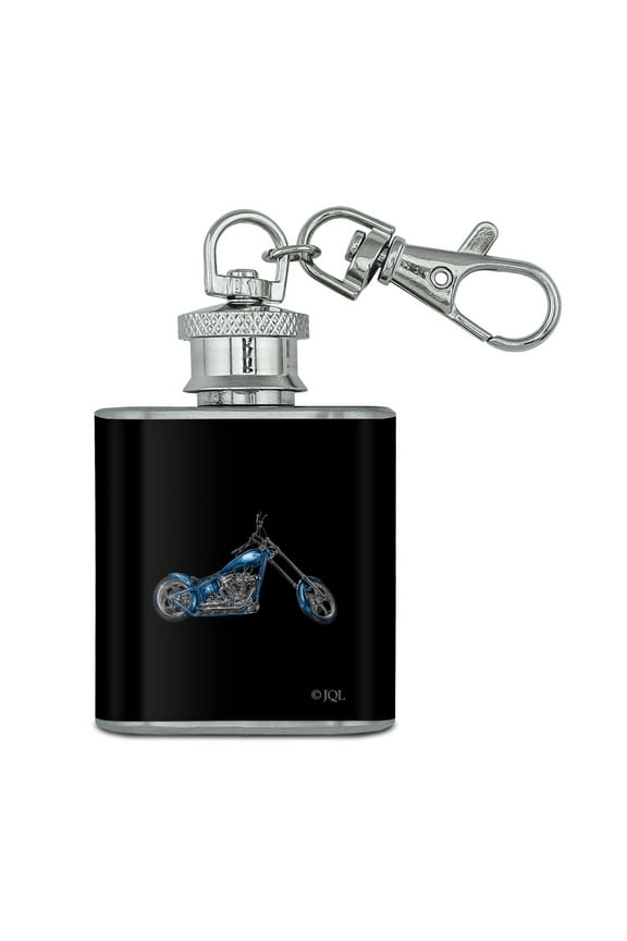 Chopper Motorcycle Blue Eagle Bike Stainless Steel 1oz Mini Flask Key Chain