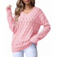 thumbnail image 2 of Women'S V Neck Hollowed Out Sweater Long Sleeve Knit Pullover Sweater Pink L, 2 of 9