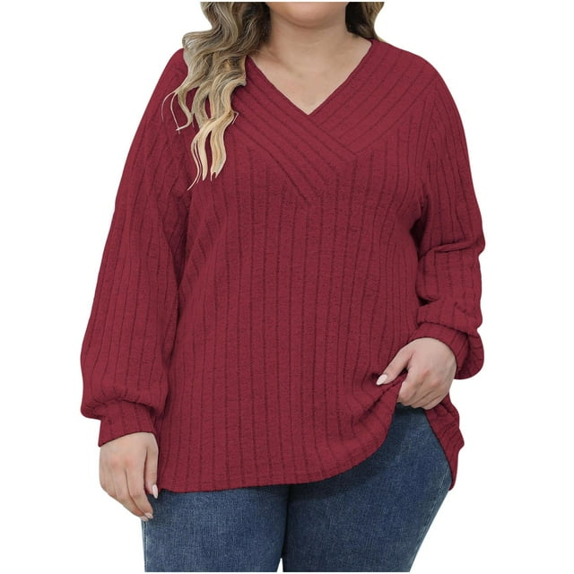 MeetoTime Plus Size Sweaters for Women V Neck Long Sleeve Knit Sweater Casual Fall Sweaters Soft Pullover Tops