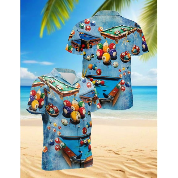 Playing Pool with Billiards Hawaiian Shirt for Men, Button Down Summer Beach Short Sleeve, Sizes S-5XL