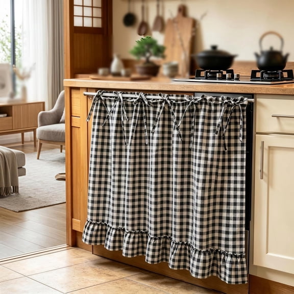 Gingham Oven Skirt Curtain with Ties, Kitchen Curtain for Farmhouse Decor