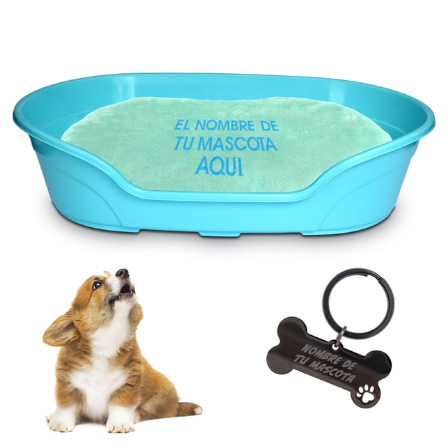 KE WOOW Cama Chica modelo premium para Perro, Gato, Conejo y otras Mascotas, Cesta de Plástico, Incluye Colchón Doble Cara con funda, lavable y Placa de Identificacion Personalizados, Color Verde Kewoow Cama Plana con colchón personalizado, Chica