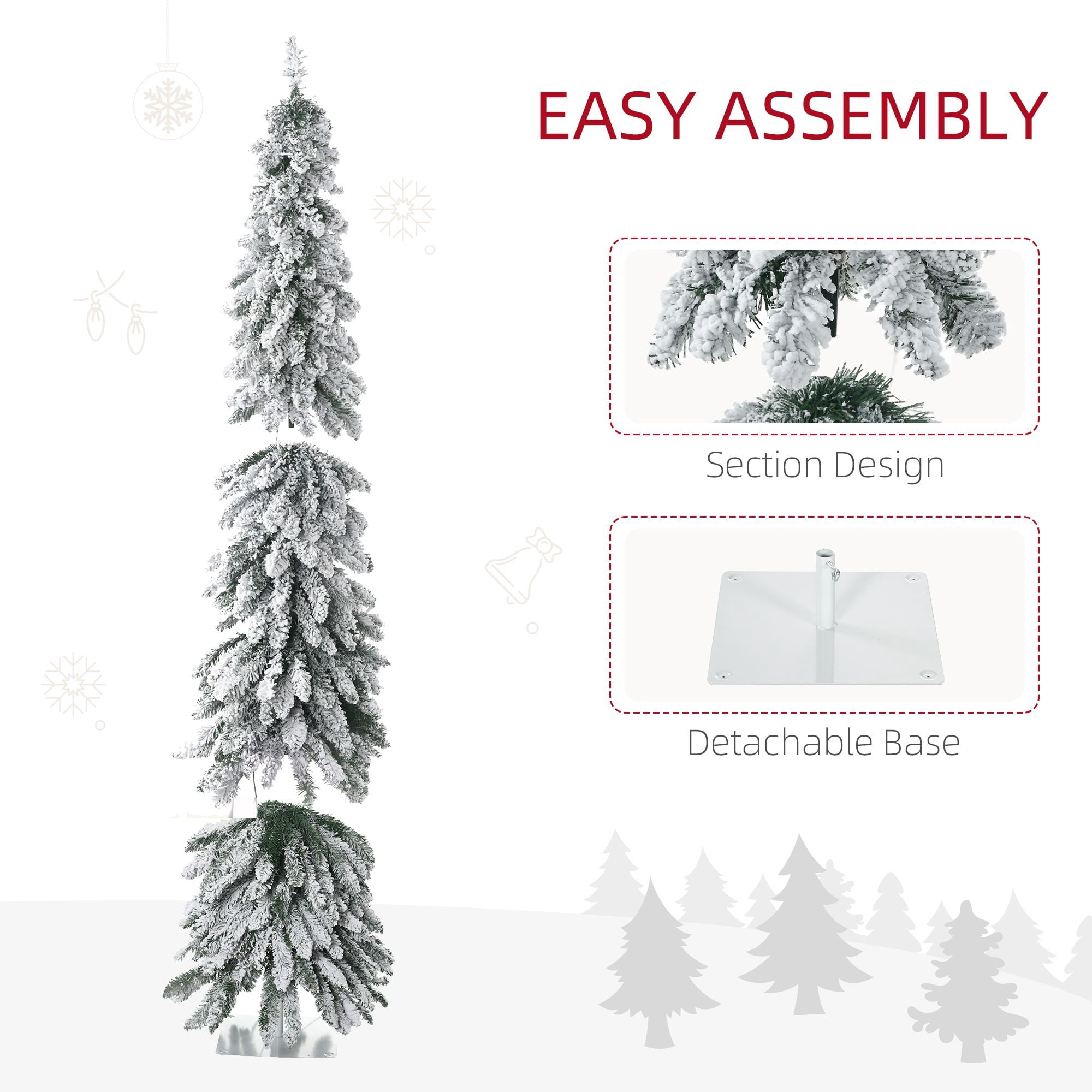 6 ft Artificial Slim Christmas Tree with Snow Frosted Branches, Pre-Lit LED Lights, Downswept Pencil Shape for Small Rooms and Entryways