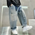 thumbnail image 7 of Otqutp Boys Aesthetic Baggy Cargo Jeans for Teens Kids Y2K Wide Leg Loose Elastic Waist Denim Pants Streetwear Trousers, 7 of 7