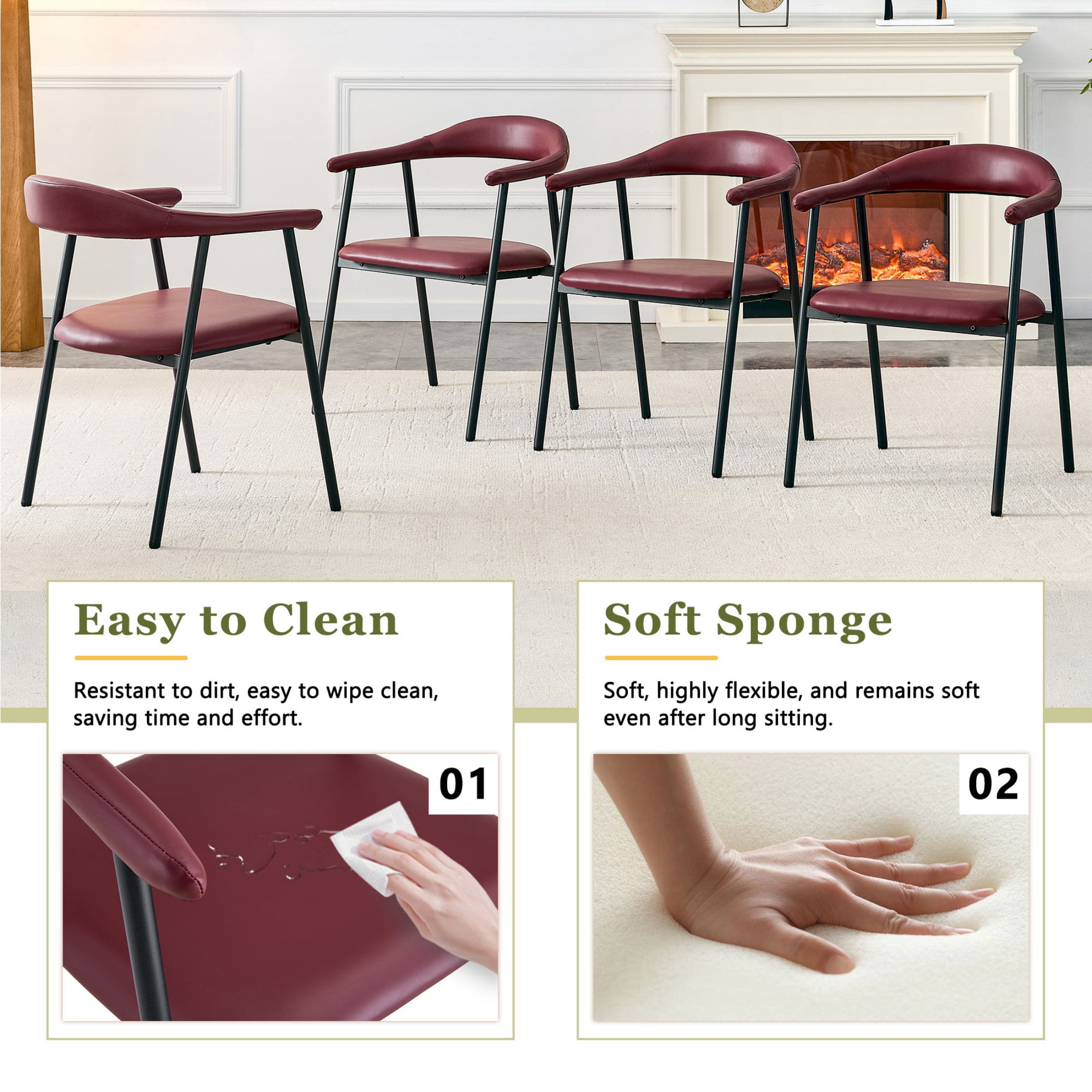 Vinform Upholstered Dining Chairs Set of 4, PU Leather Dining Room Chairs, Burgundy