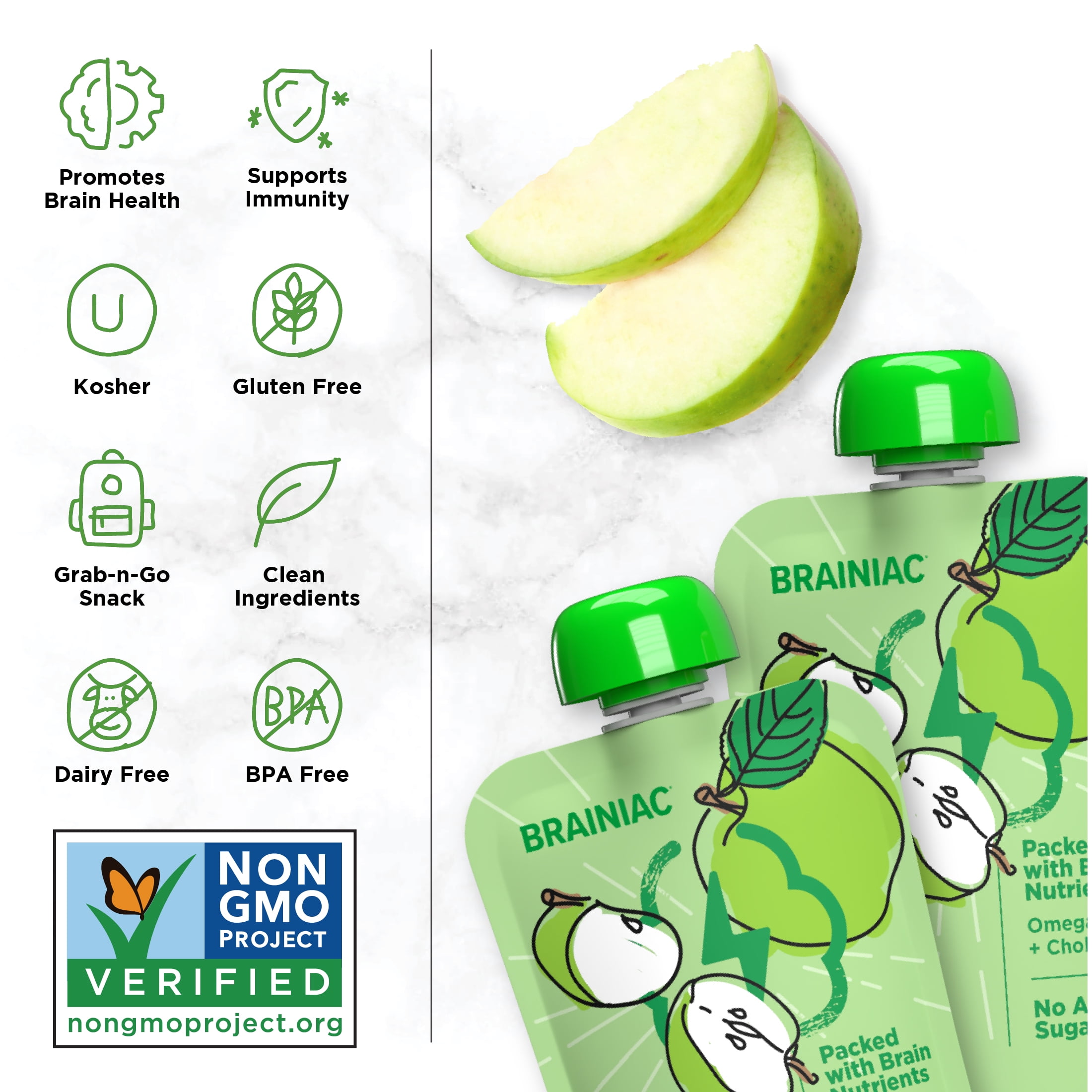 Brainiac Omega-3 Applesauce, Apple, No Sugar Added, 3.2 oz, 40 Ct