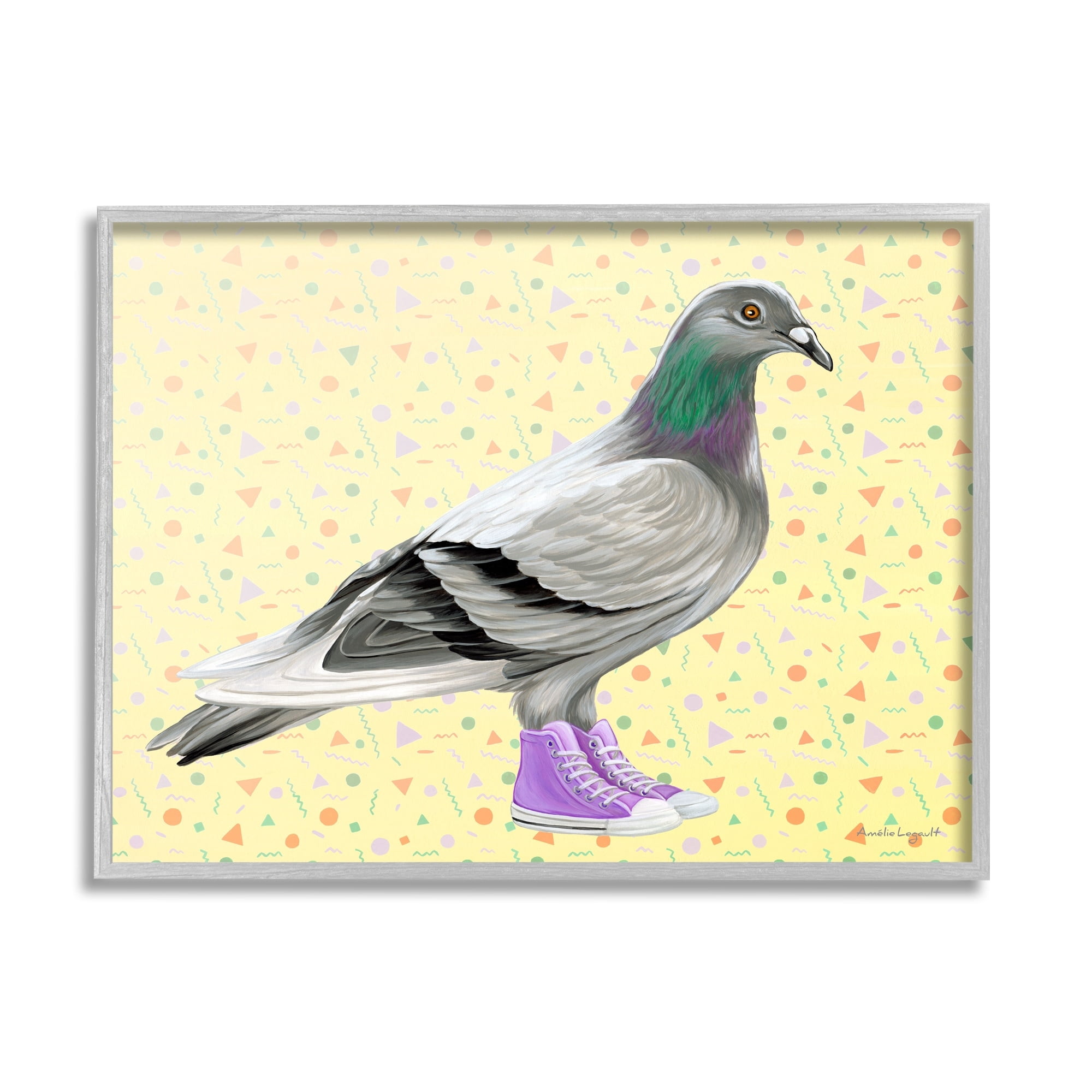 Stupell Industries Pigeon In Purple Sneakers Retro Patterned Background Graphic Art Gray Framed Art Print Wall Art, Design by Amelie Legault