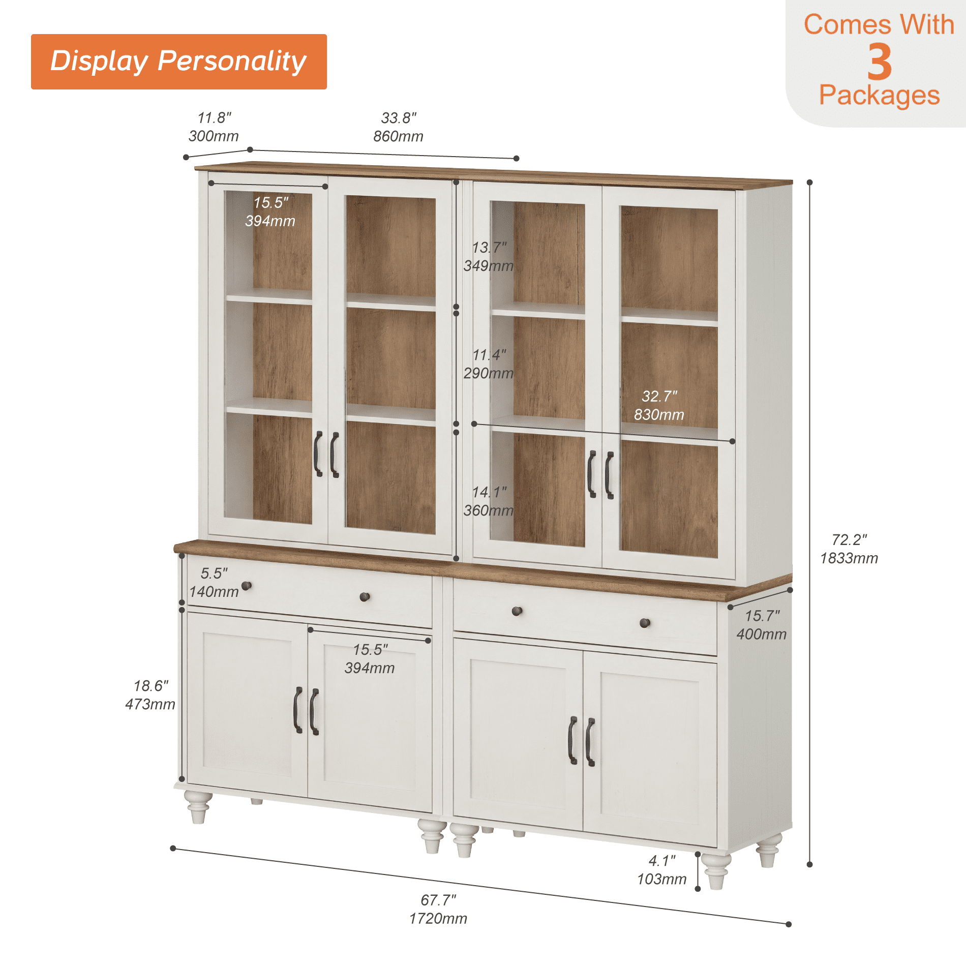 Sideboard Buffet Cabinet with Storage, 5-Tier Bookcase with Glass Doors, Farmhouse Bookshelf with Ample Storage Cabinet, Large Bookshelves for Living Room, Office, Kitchen, White, 72" H