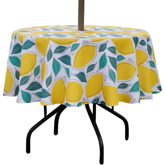 Outdoor Umbrella Tablecloth with Hole and Zipper,Zippered Patio Table Cloths,Spring/Summer Table Covers for Backyard Circular Table//Picnic(Lemon,60'''' Round with Zipper)