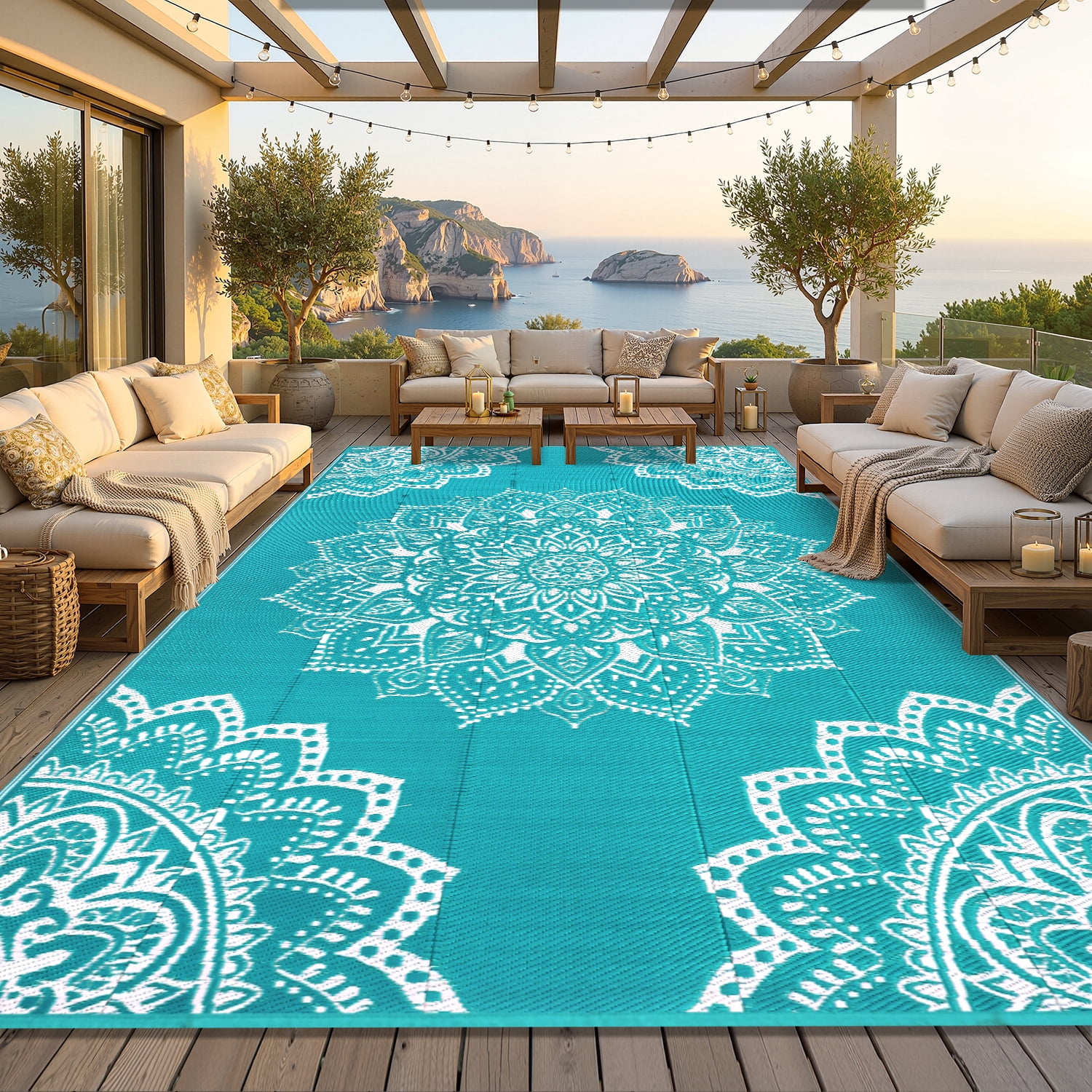 Findosom 9'x12' Outdoor Rugs Large Patios RV Outdoor Rug Reversible Waterproof Camping Rugs Portable Plastic Straw Outdoor Area Rug for Camping, RV, Balcony, Patio, Picnic,Teal