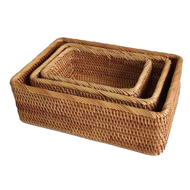 Youkk Wood Handmade Storage Box With Storage Basket Organizer Box Rattan Traditional Rattan For Easy Organizer Box Storage Small square basket three-piece