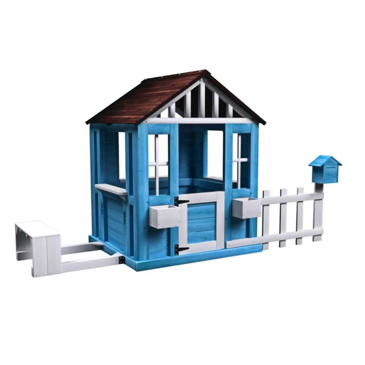 Aukfa Kids Playhouse,Wooden Playhouse for Boys Girls,Picnic Bench, Mailbox, Fence & Flowerpot Holders for Backyard, Garden, Lawn,Blue
