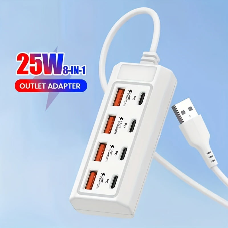 8-Port 60W Quick Charge Hub | PD 3.0 + QC3.0 USB Charging Station for Outdoor Use | Compatible with Iphone/Android/Ipad/Laptop/Portable Power Supply (ABS, No Battery Included)