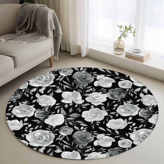 Black Flowers Round Area Rug 4 FT, Non Slip Indoor Outdoor Rug, Watercolor Vintage Floral Leaves Country Washable Soft Circular Carpet Non-Shedding Floor Mat for Coffee Table Nursery Foyer Balcony