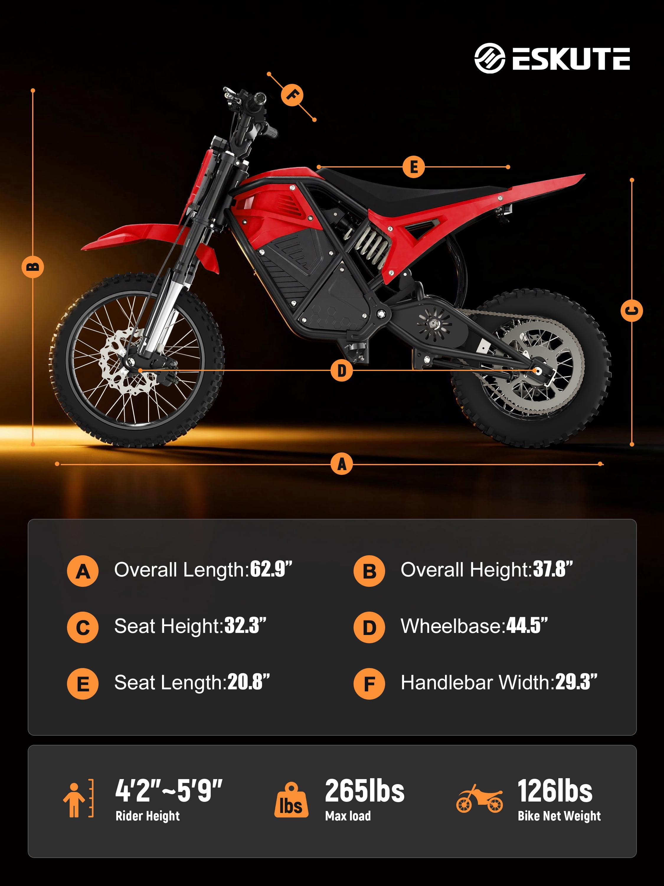 Eskute Electric Dirt Bike for Teens Adults, Electric Motorcycle 48V23Ah, Mid-Drive Motor 3500W Peak 38mph 53-Mile Range, Hydraulic Nitrogen Dual Shock Absorbers Red with Lock, UL2849