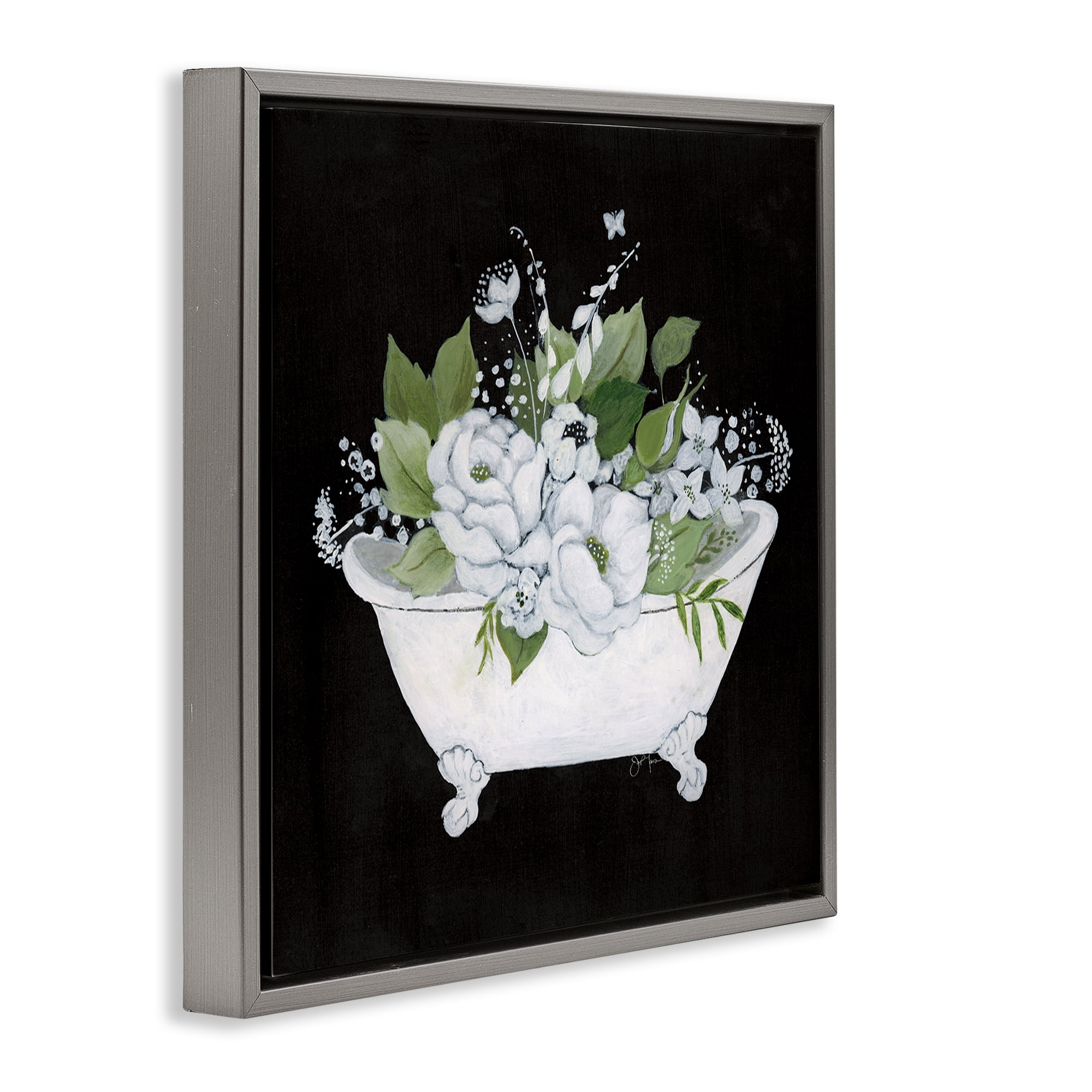 Stupell Industries Charming Floral Bathtub Typography Painting Gray Floater Framed Canvas Art Print Wall Art, 18 x 18
