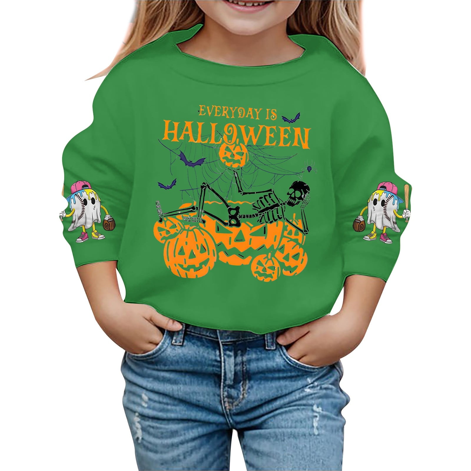 Bobifish Little Girls Halloween Crew Neck Sweatshirts Halloween Baseball Graphic Long Sleeve Cute Kids Pullover Tops