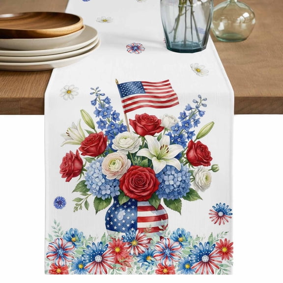 Independence Day Floral Table Runner 90 Inches, Red Blue Roses Patriotic Bed Runner Dresser Scarves Tabletop for Indoor Outdoor Parties/Ceremony/Banquet, 13" x 90"