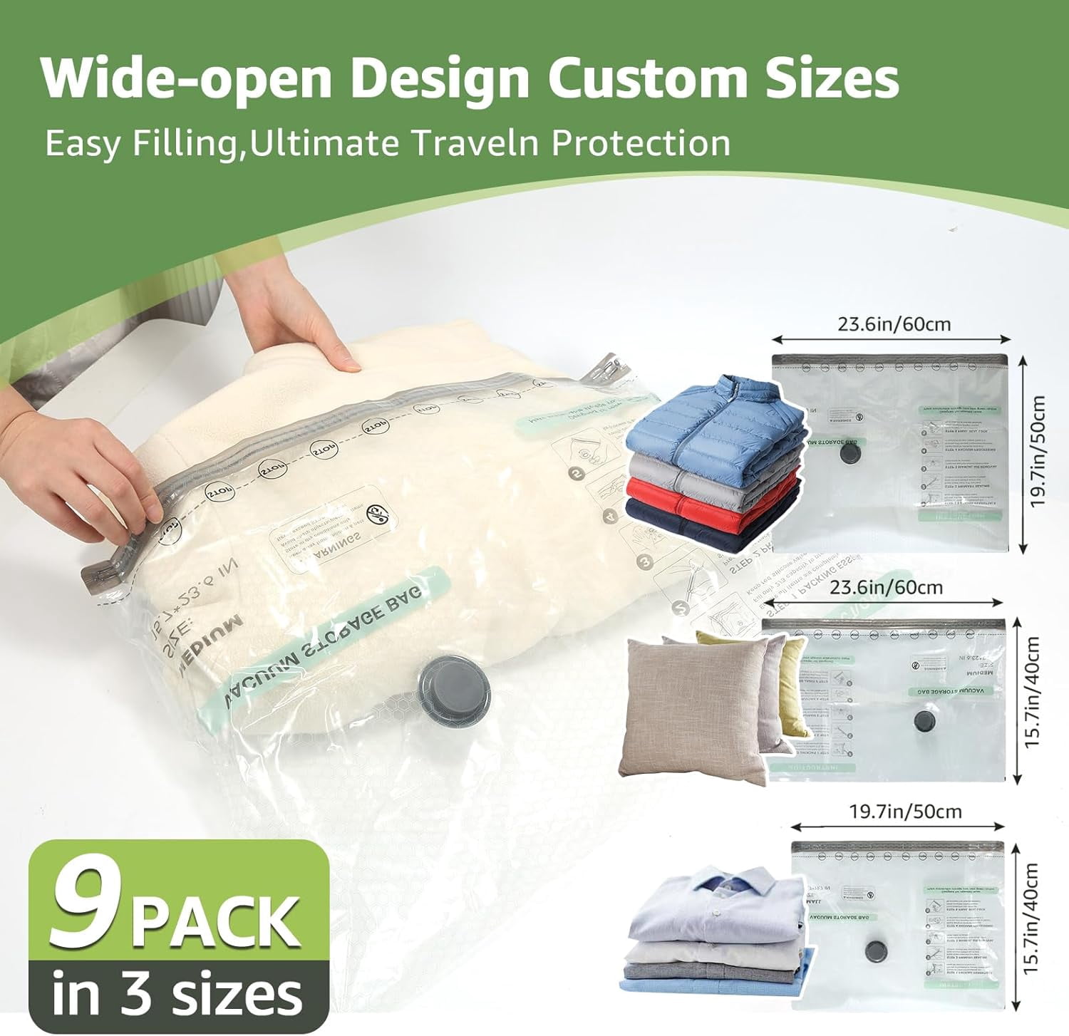 Vacuum Bags for Travel with Rechargeable air Pump, 3 Sizes Vacuum Seal Bags for Clothing, Space-Saving Compression Storage Bags for Travel & Closet Organization (9)