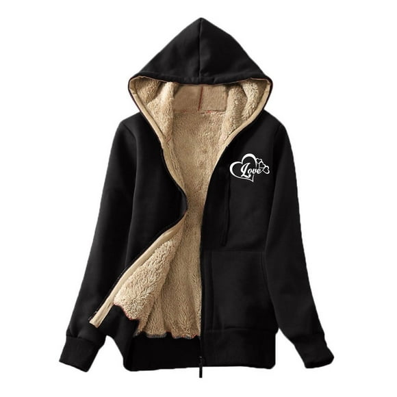 Meihcang Zip Up Hoodie Women, Fleece Hoodie Casual Full Zip Up Sherpa Lined Hoodie Sweatshirt Winter Warm Hooded Jacket Coat Black L