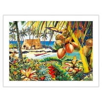 Island Bounty - Traditional Hawaiian Thatched Grass Hale (House) - From an Original Hawaii Watercolor Painting by Peggy Chun - Fine Art Matte Paper Print (Unframed) 18x24in