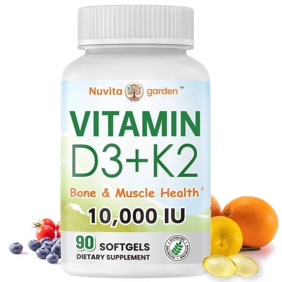 Vitamin D3 K2 Supplement Softgel with 10000 IU VIT D3 200 MCG Vitamin K2, Free of Gluten, 2-in-1 Vitamin D3 and K2 (90 Softgels/Bottle)