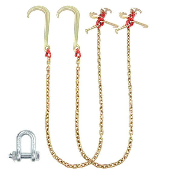 KFFKFF J Hook Chain, 2-Pack 5/16" x 6' G80 with 15" Shank, RTJ Cluster & Grab Hook, 5400 lbs Load, Durable Tow Chain for Wrecker, Recovery & Trailer Towing