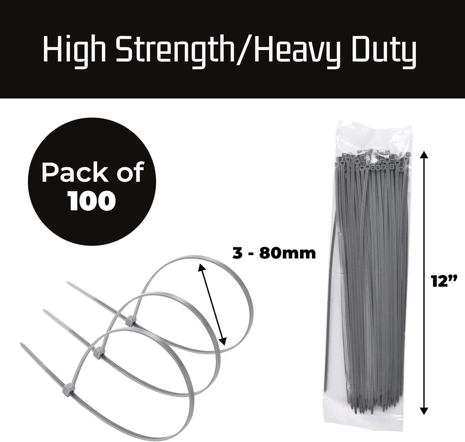 Zip Ties Pack of 100-12'' Gray Heavy Duty Cable Ties - 40lb Strength Self-Locking Nylon Wire Ties - Weather-Resistant Zip Tie for Cable Management and Securing Various Items
