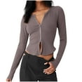 thumbnail image 1 of ShomPort Womens Casual Crop Tops Long Sleeve Double Zipper Knitted Ribbed Lightweight Streetwear Solid Color Going Out Slim Shirts, 1 of 5