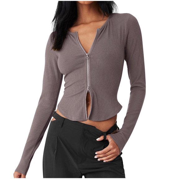 biudgviw Womens Long Sleeve Tops Lightweight Zip Up Ribbed Knit Cropped Cardigan Casual Slim Fit Fall Tops Fashion Clothing