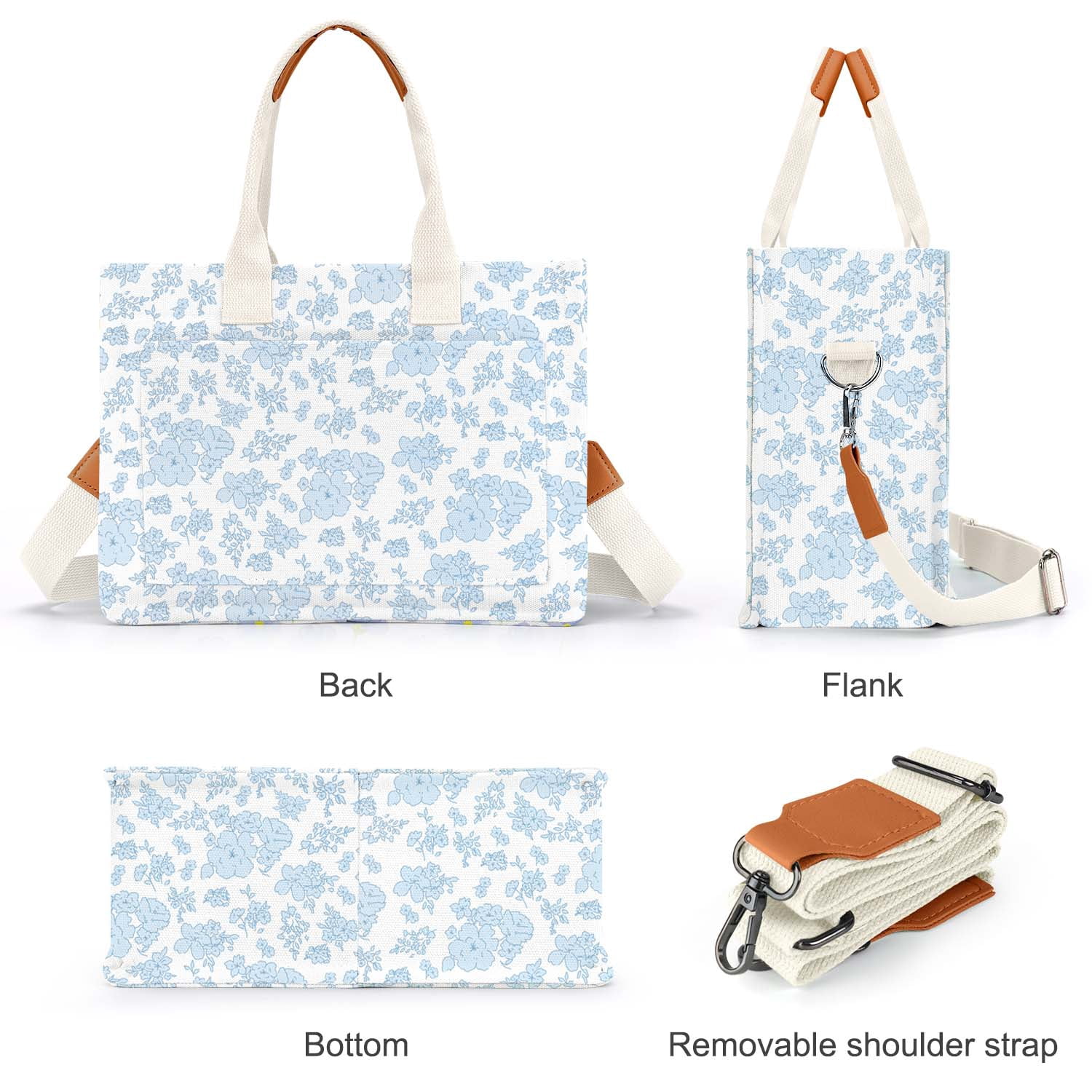 Gocvo Canvas Tote Bag for Women, Large Multi-Pocket Shoulder Handbag, Crossbody Messenger Bag, Blue Flower