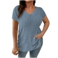 thumbnail image 1 of VSSSJ Women's Plus Size Ribbed Knit Short Sleeve Tops Loose Fit V Neck Summer Texture Solid Color Lightweight Tee Blouse Light Blue XL, 1 of 6