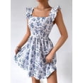 thumbnail image 6 of Women Floral Mini Dress Square Neck Ruffle Shoulder Back Tie A Line Sundress Blue & White. L, 6 of 9