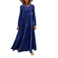 thumbnail image 2 of Vestido largo con cuello redondo para mujer, manga larga, suelto, color puro, cintura alta, vestido largo de playa en capas causal para fechas de vacaciones, azul real S, 2 of 6