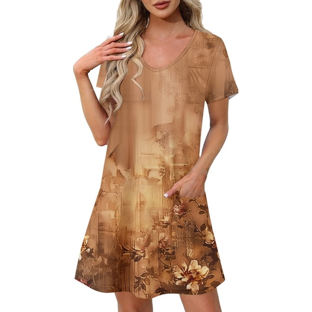 Vestido Corto de Verano Moda Gradiente Corto de Manga en V Cuello Vestido Casual, Poliéster Ligero de Verano, Lavado de Manos