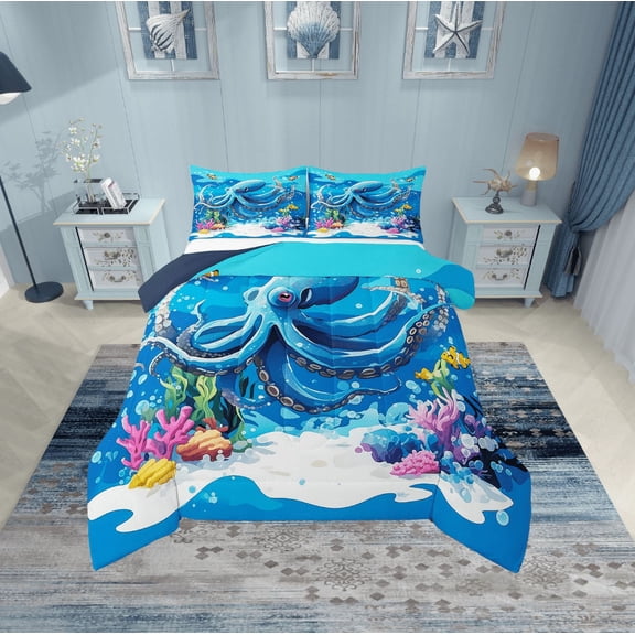 Erosebridal Blue Octopus Bedding Twin Comforter Set,Marine Animal Down Comforter,Ultra Soft Reversible Bedding Sets Twin with Comforter,Ocean Theme Decor