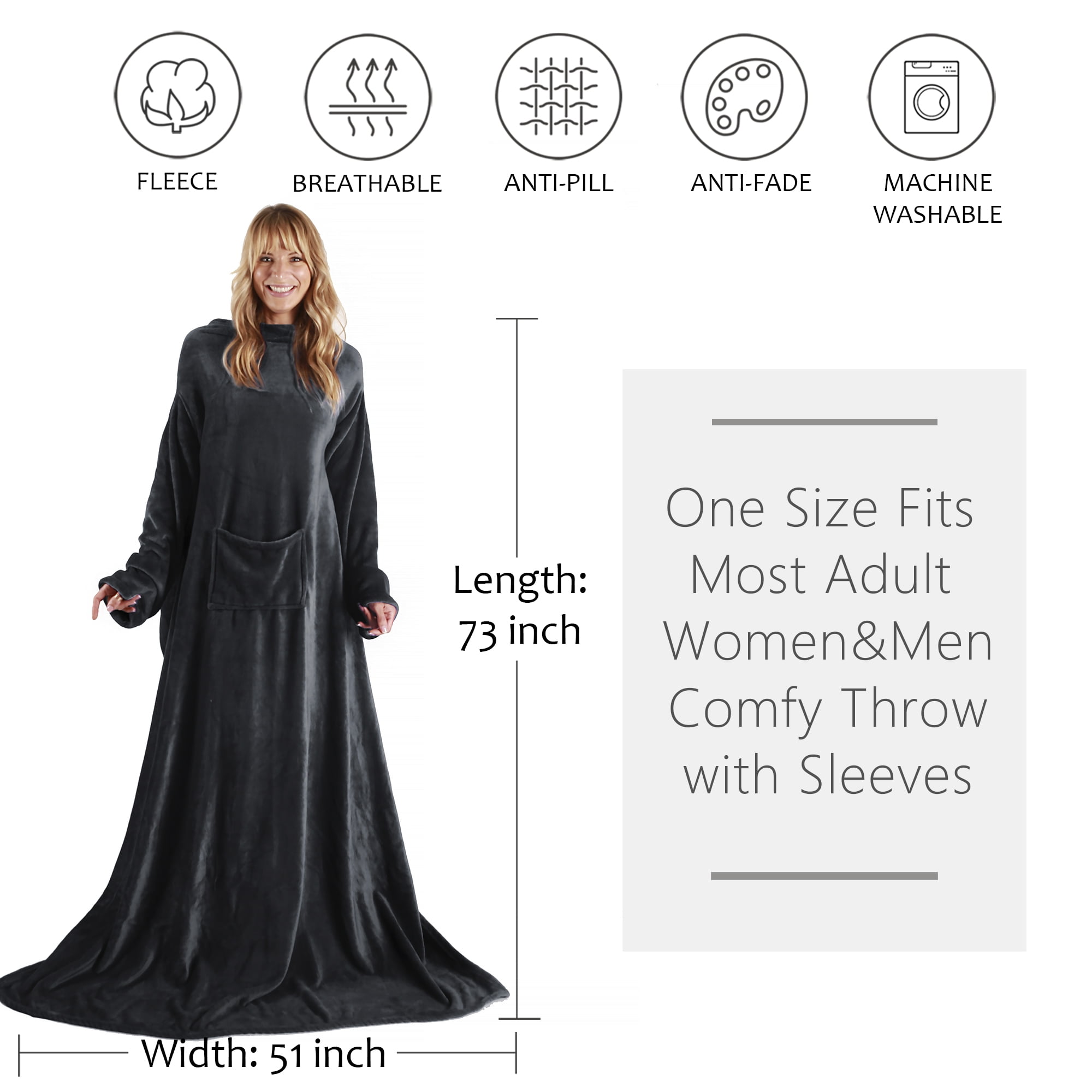 Wearable Fleece Blanket with Sleeves and Pocket for Women Men, Super Soft Microplush Adult Wrap Full Body Blanket Robe for Lounge Couch As Seen On TV 73" x 51" | Catalonia series by Terrania | Black