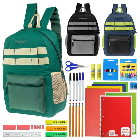 17" Multi Color Design Wholesale Backpacks in Assorted Colors & 52 pieces school supplies