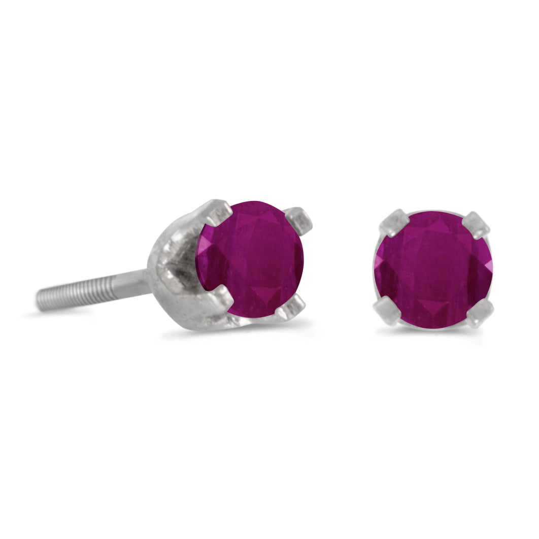10k White Gold Over 2.00 CT Round Diamond & Ruby Earrings Round Stud Screw-Back 
