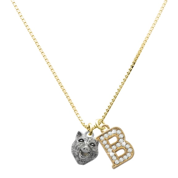 Delight Jewelry Silver-tone Wolf Head - Large Goldtone Crystal Initial - B - Charm Necklace, 17.5" 2"