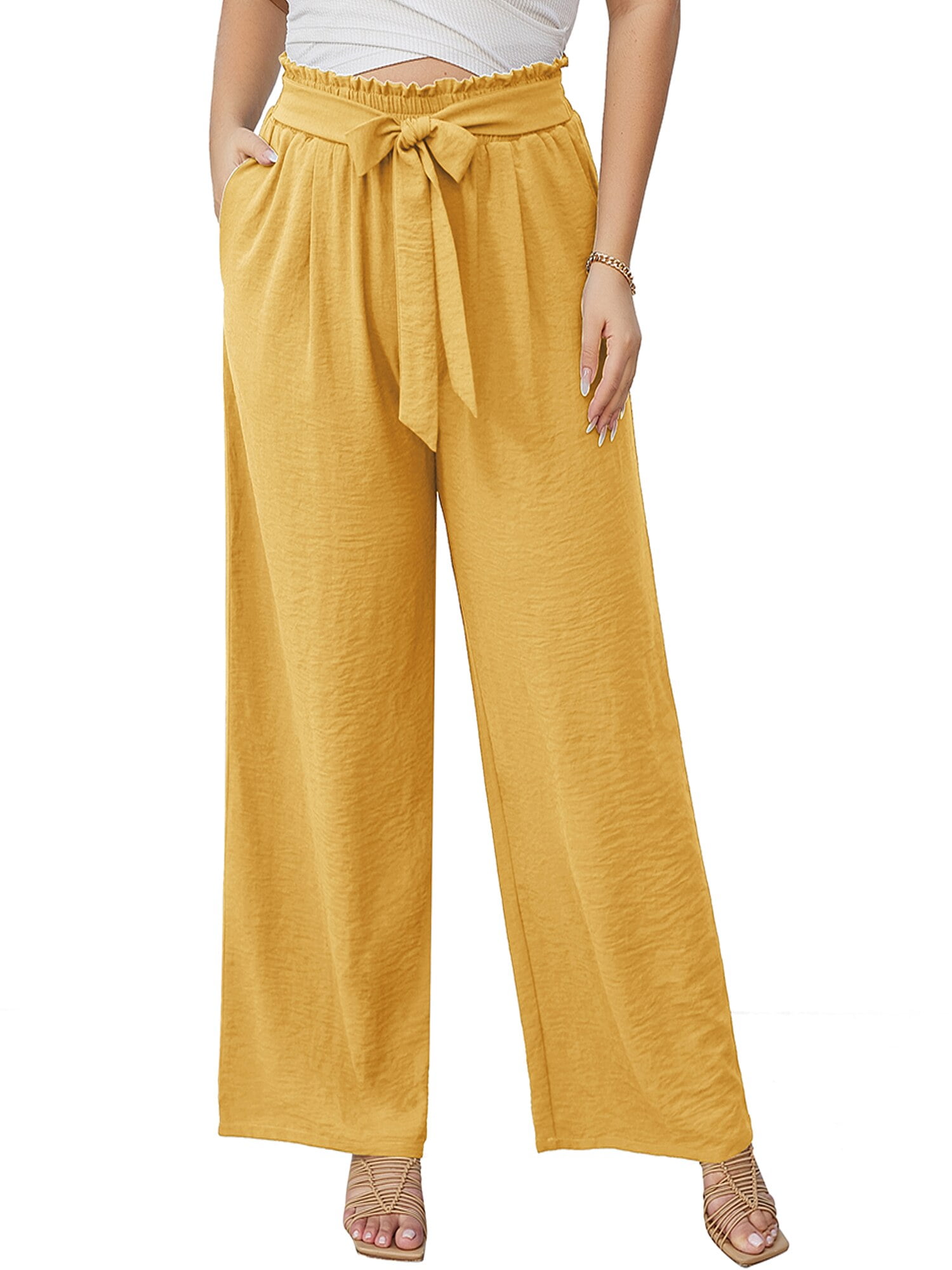 Chiclily Women's Belted Wide Leg Pants with Pockets Lightweight High Waisted Adjustable Tie Knot