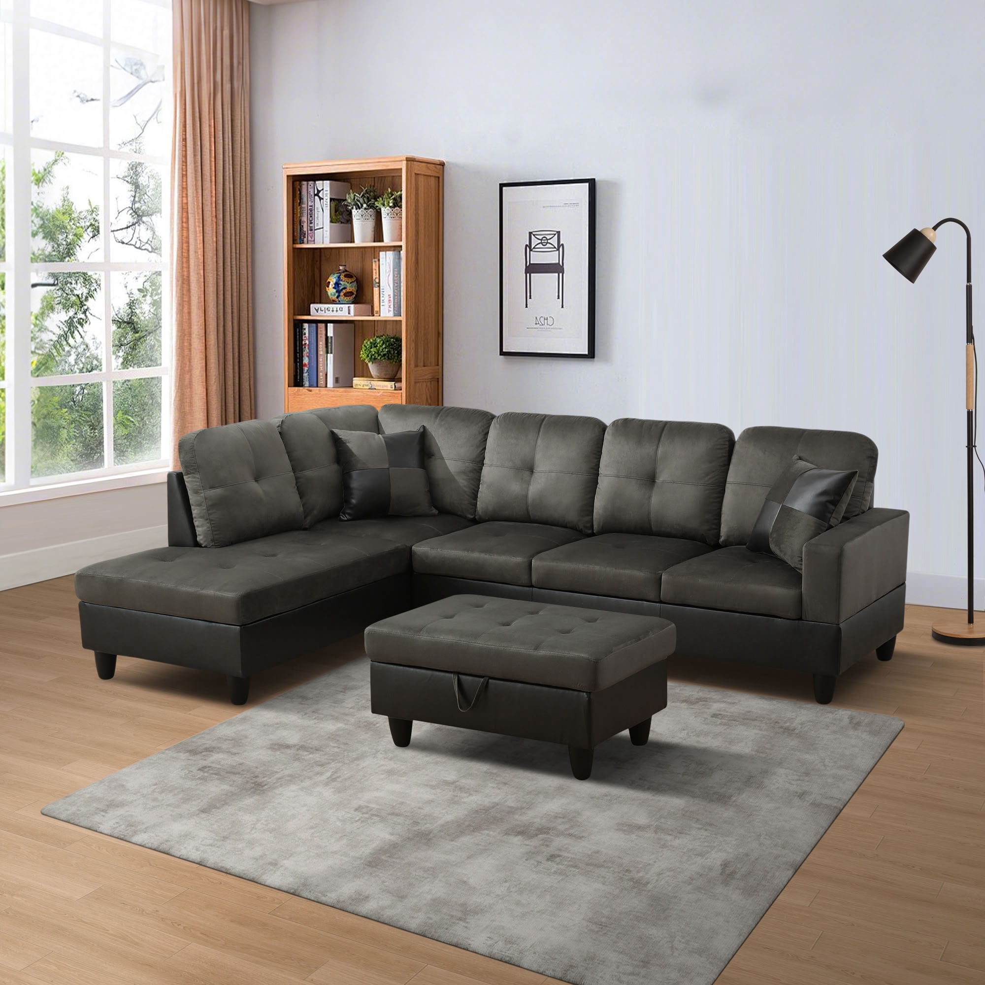 MAYEERTY L-Shaped Sectional Sofa Set, Flannel Modular Couch with Storage Ottoman & Chaise for Living Room Family Room, Taupe