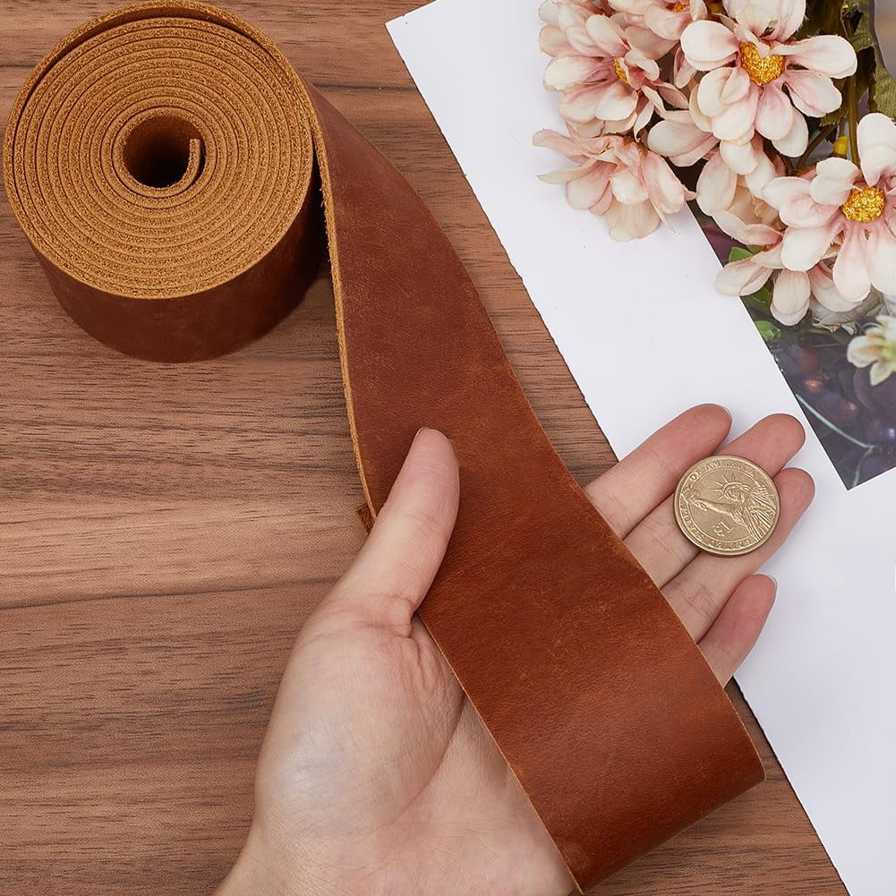 2 Inch Wide Crazy Horse Top Grain Leather Strap AB Grade 72 Inch Long Genuine Leather Strips 1.8mm Thick Saddle Brown Leather Cord Real Leather Flat String Tooling for Crafts DIY