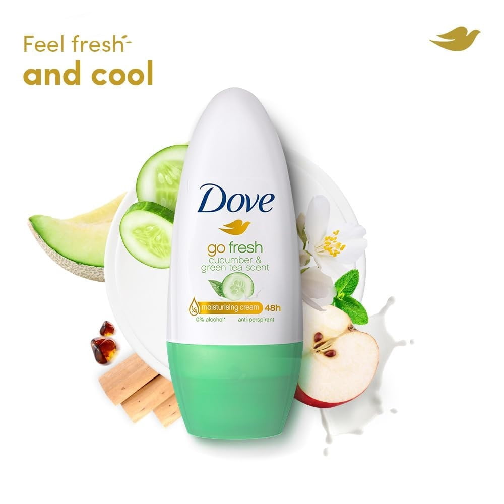 Dove Anti-Perspirant Deodorant Roll On Cucumber & Green Tea, Dry 48H ,40ml-12 Pk